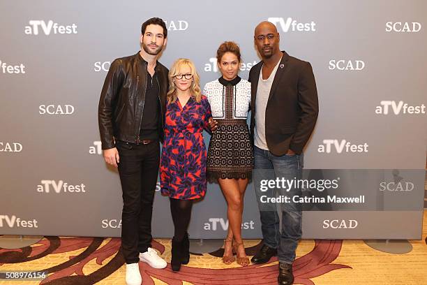 Actor Tom Ellis, Actress Rachael Harris, Actress Lesley-Ann Brandt, and Actor D.B. Woodside attends "Lucifer" event during aTVfest 2016 presented by...