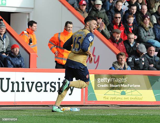 Alex Oxlade-Chamberlain celebrates scoring the 2nd Arsenal goal during the Barclays Premier League match between AFC Bournemouth and Arsenal at The...
