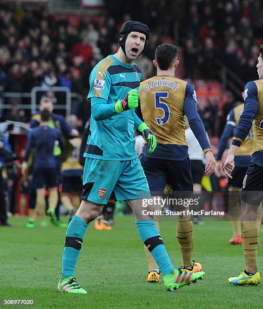 Arsenal goalkeeper Petr Cech celebrates after the Barclays Premier League match between AFC Bournemouth and Arsenal at The Vitality Stadium on...