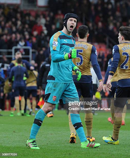 Arsenal goalkeeper Petr Cech celebrates after the Barclays Premier League match between AFC Bournemouth and Arsenal at The Vitality Stadium on...