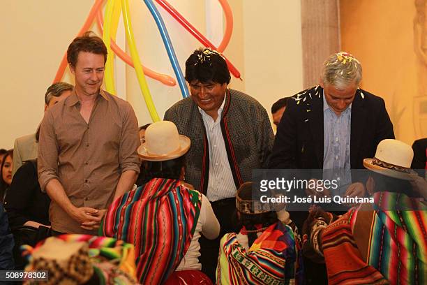 Actor, producer and director Edward Norton, President of Bolivia Evo Morales and Vicepresident of Bolivia Alvaro Garcia Linera smile during a...