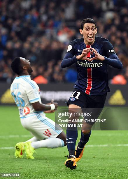 Paris Saint-Germain's Argentinian forward Angel Di Maria celebrates after scoring a goal during the French L1 football match between Marseille and...