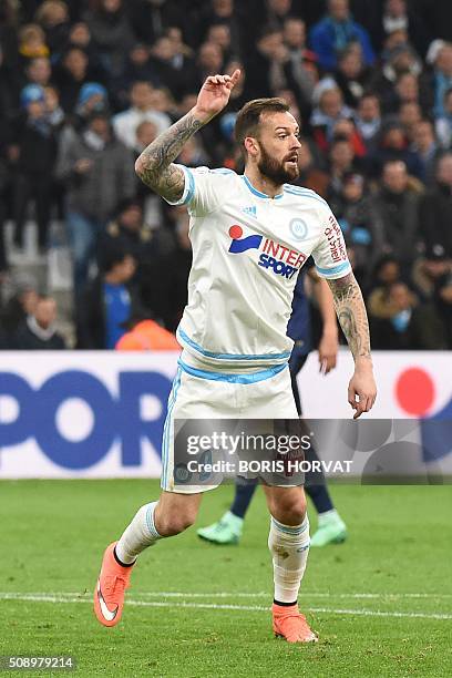 Marseille's Scottish forward Steven Fletcher gestures during the French L1 football match Olympique of Marseille versus PSG at the Velodrome stadium...