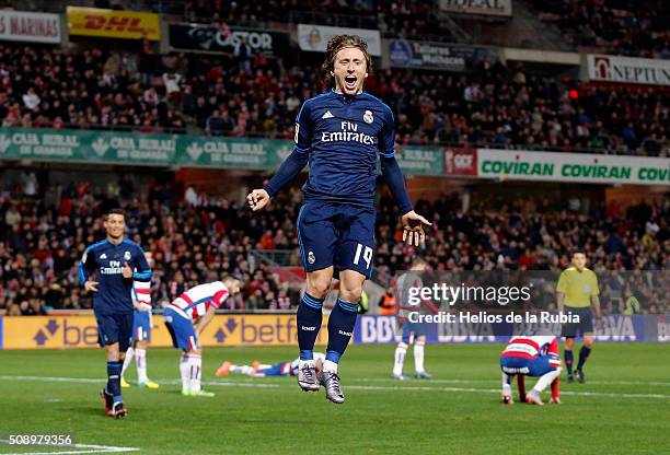 Luka Modric of Real Madrid celebratres after scoring during the La Liga match between Granada CF and Real Madrid CF at Nuevo Estadio de Los Carmenes...