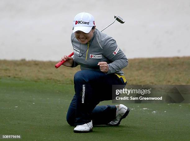 Ha Na Jang of South Korea celebrates winning the Coates Golf Championship Presented By R+L Carriers at Golden Ocala Golf Club on February 6, 2016 in...