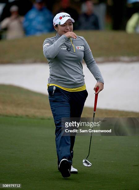 Ha Na Jang of South Korea celebrates winning the Coates Golf Championship Presented By R+L Carriers at Golden Ocala Golf Club on February 6, 2016 in...