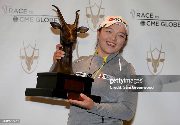 Ha Na Jang of South Korea poses with the trophy following the final round of the Coates Golf Championship Presented By R+L Carriers at Golden Ocala...