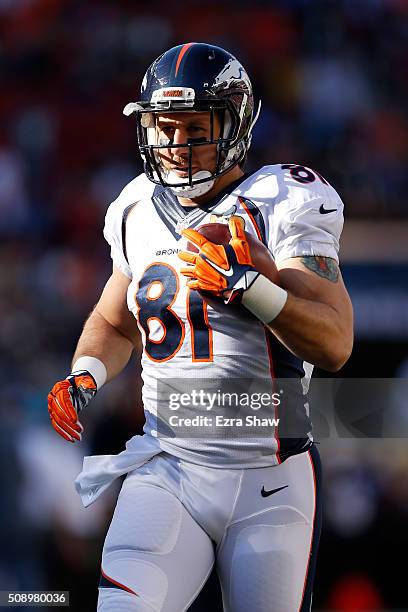 Owen Daniels of the Denver Broncos warms up prior to Super Bowl 50 at Levi's Stadium on February 7, 2016 in Santa Clara, California.