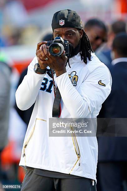 Charles Tillman of the Carolina Panthers takes a photograph on the field prior to Super Bowl 50 at Levi's Stadium on February 7, 2016 in Santa Clara,...