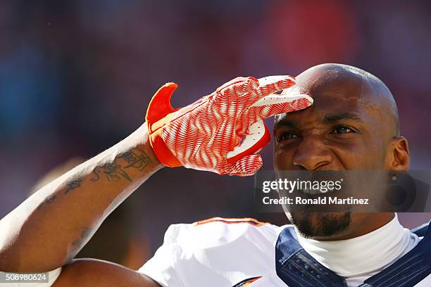 Aqib Talib of the Denver Broncos warms up prior to playing in Super Bowl 50 at Levi's Stadium on February 7, 2016 in Santa Clara, California.