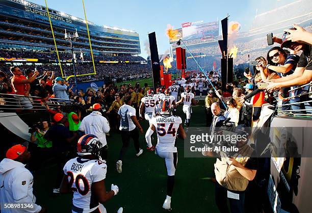 The Denver Broncos take the field during Super Bowl 50 against the Carolina Panthers at Levi's Stadium on February 7, 2016 in Santa Clara, California.