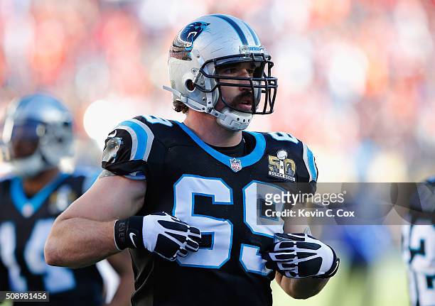 Jared Allen of the Carolina Panthers warms up prior to Super Bowl 50 against the Denver Broncos at Levi's Stadium on February 7, 2016 in Santa Clara,...