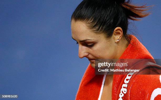 Gabrielle Dabrowski of Canada reacts after loosing against Belarus during their Fed Cup BNP Paribas match at Laval University in Quebec City on...