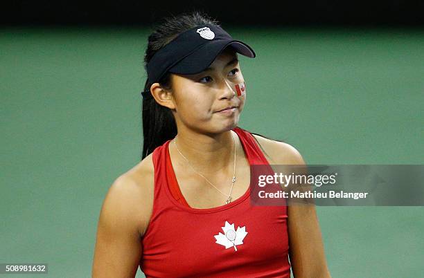 Carol Zhao of Canada reacts after loosing a point against Belarus during their Fed Cup BNP Paribas match at Laval University in Quebec City on...