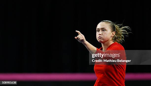 Aliaksandra Sasnovich of Belarus reacts after winning a point against Canada during their Fed Cup BNP Paribas match at Laval University in Quebec...