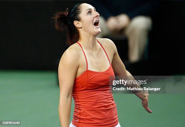 Gabrielle Dabrowski of Canada reacts after loosing a point against Belarus during their Fed Cup BNP Paribas match at Laval University in Quebec City...