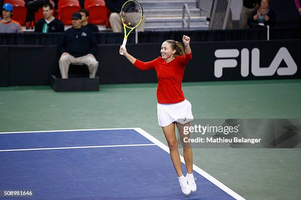 Aliaksandra Sasnovich of Belarus reacts after defeating Canada during their Fed Cup BNP Paribas match at Laval University in Quebec City on February...