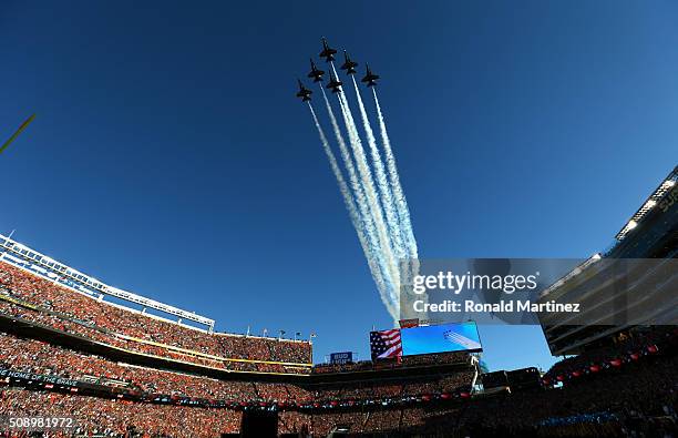 The Blue Angels perform a fly-over prior to Super Bowl 50 between the Denver Broncos and the Carolina Panthers at Levi's Stadium on February 7, 2016...
