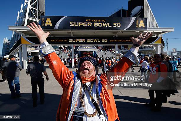 Denver Broncos fan "Rocky the Leprechaun" poses outside of Levi's Stadium prior to Super Bowl 50 between the Denver Broncos and the Carolina Panthers...