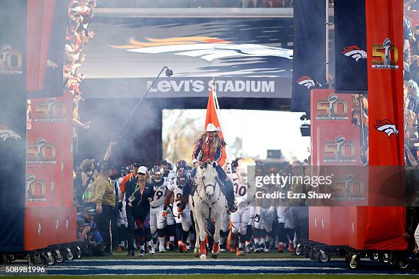 Trainer Ann Judge-Wegener rides Denver Broncos mascot Thunder on to the field before Super Bowl 50 against the Carolina Panthers at Levi's Stadium on...