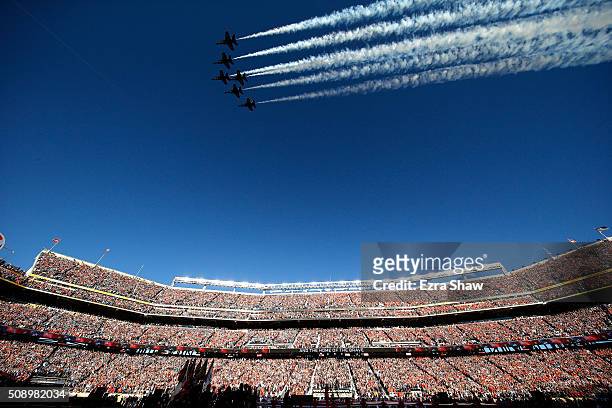 The Blue Angels perform a fly-over prior to Super Bowl 50 between the Denver Broncos and the Carolina Panthers at Levi's Stadium on February 7, 2016...