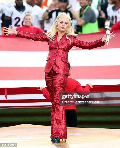 Lady Gaga sings the National Anthem at Super Bowl 50 at Levi's Stadium on February 7, 2016 in Santa Clara, California.