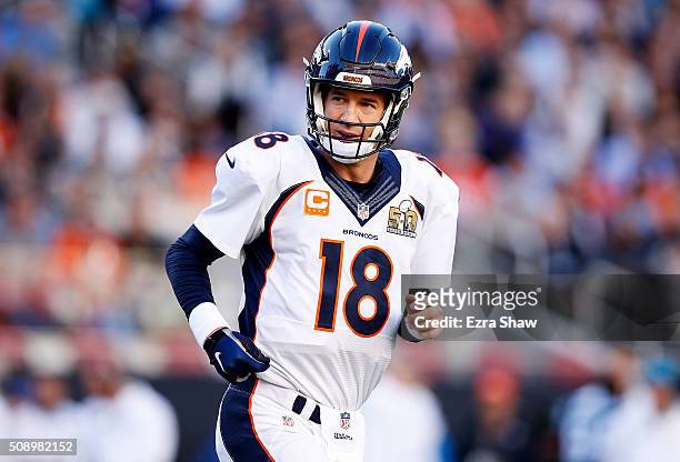 Peyton Manning of the Denver Broncos runs on the field in the first quarter against the Carolina Panthers during Super Bowl 50 at Levi's Stadium on...