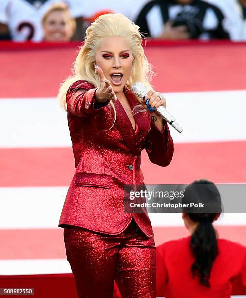 Lady Gaga sings the National Anthem at Super Bowl 50 at Levi's Stadium on February 7, 2016 in Santa Clara, California.