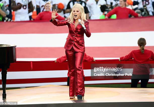 Lady Gaga sings the National Anthem at Super Bowl 50 at Levi's Stadium on February 7, 2016 in Santa Clara, California.