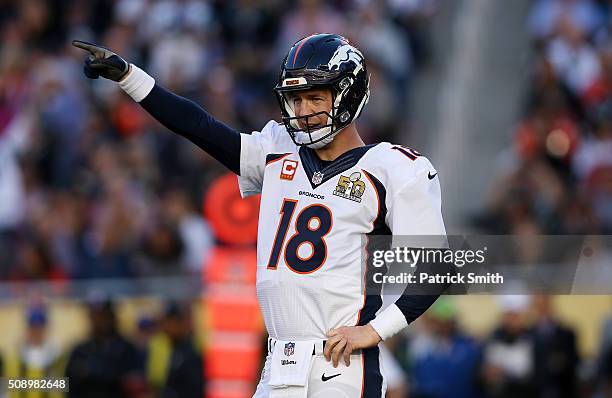 Peyton Manning of the Denver Broncos stands on the field against the Carolina Panthers in Super Bowl 50 at Levi's Stadium on February 7, 2016 in...