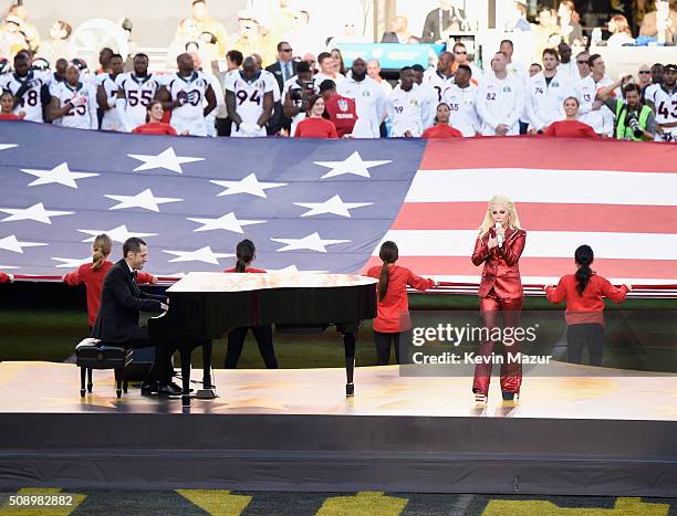 Lady Gaga sings the National Anthem at Super Bowl 50 at Levi's Stadium on February 7, 2016 in Santa Clara, California.