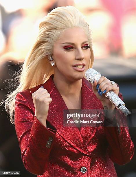 98 Lady Gaga Sings The National Anthem At Super Bowl 50 Photos and Premium  High Res Pictures - Getty Images