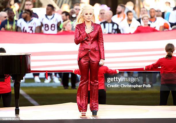 Lady Gaga sings the National Anthem at Super Bowl 50 at Levi's Stadium on February 7, 2016 in Santa Clara, California.