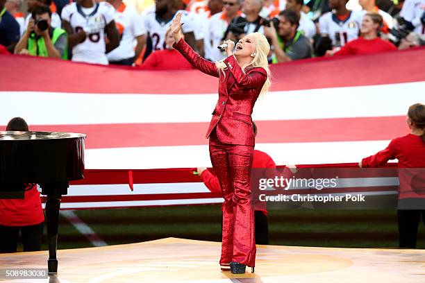 Lady Gaga sings the National Anthem at Super Bowl 50 at Levi's Stadium on February 7, 2016 in Santa Clara, California.