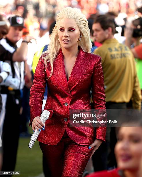 Lady Gaga sings the National Anthem at Super Bowl 50 at Levi's Stadium on February 7, 2016 in Santa Clara, California.