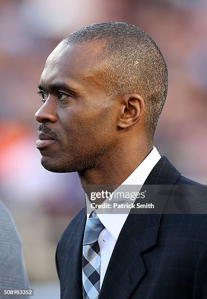 Hall of Fame Inductee Marvin Harrison looks on prior to Super Bowl 50 between the Denver Broncos and the Carolina Panthers at Levi's Stadium on...