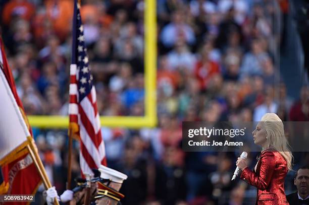 Lady Gaga sings the national anthem. The Denver Broncos played the Carolina Panthers in Super Bowl 50 at Levi's Stadium in Santa Clara, Calif. On...