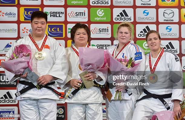 Over 78kg heavyweight medallists Silver: Sisi Ma of China, Gold: Megumi Tachimoto of Japan, Bronzes: Marine Erb of France and Tessie Savelkouls of...