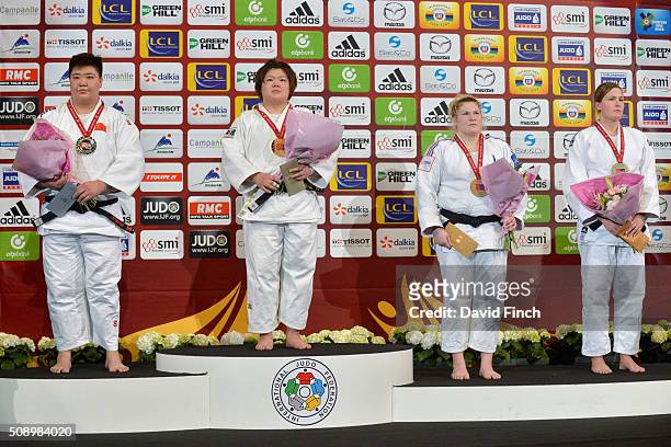 Over 78kg medallists Silver: Sisi Ma of China, Gold: Megumi Tachimoto of Japan, Bronzes: Marine Erb of France and Tessie Savelkouls of the...
