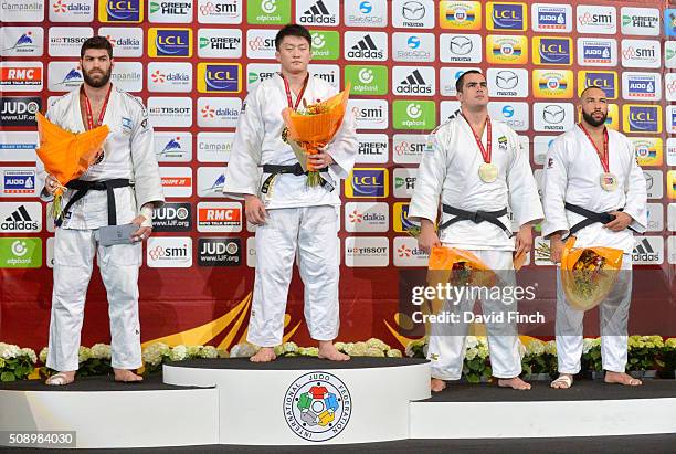 Over 100kg heavyweight medallists Silver: Or Sasson of Israel, Gold: Hisayoshi Harasawa of Japan, Bronzes: David Moura of Brazil and Roy Meyer of the...