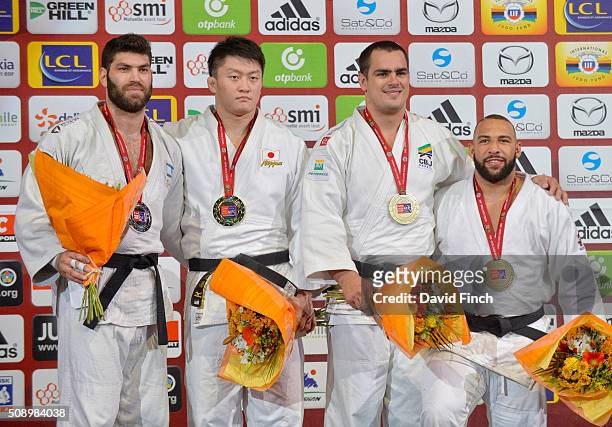 Over 100kg heavyweight medallists Silver: Or Sasson of Israel, Gold: Hisayoshi Harasawa of Japan, Bronzes: David Moura of Brazil and Roy Meyer of the...