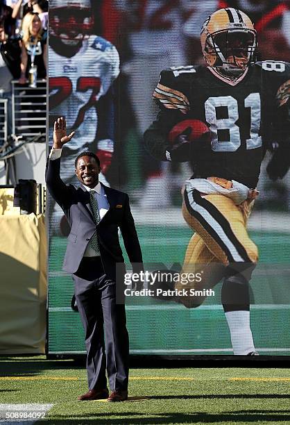 Super Bowl XXXI MVP Desmond Howard of the Green Bay Packers looks on during Super Bowl 50 between the Denver Broncos and the Carolina Panthers at...