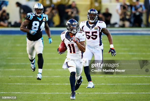 Jordan Norwood of the Denver Broncos returns a punt against the Carolina Panthers in the second quarter during Super Bowl 50 at Levi's Stadium on...