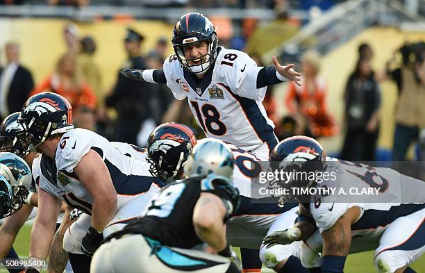 Denver Bronco Peyton Manning directs his linemen during Super Bowl 50 against the Carolina Panthers at Levi's Stadium in Santa Clara, California, on...