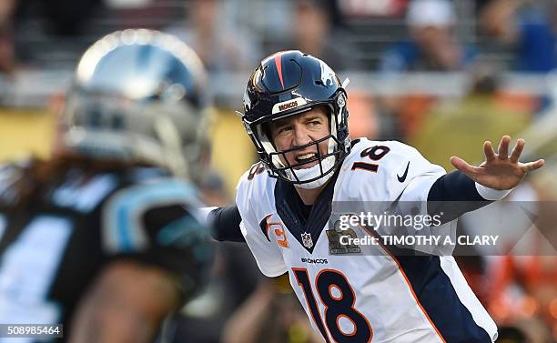 Quarterback Peyton Manning of Denver Broncos calls the play during Super Bowl 50 against the Carolina Panthers at Levi's Stadium in Santa Clara,...