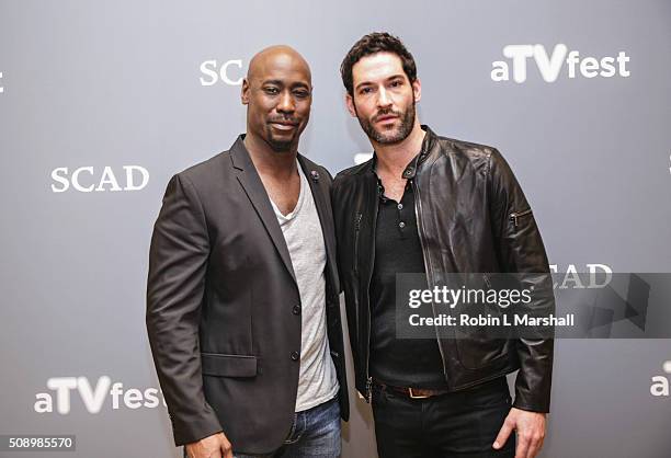 Woodside and Tom Ellis attend the 'Lucifer' event aTVfest on February 7, 2016 in Atlanta, Georgia.