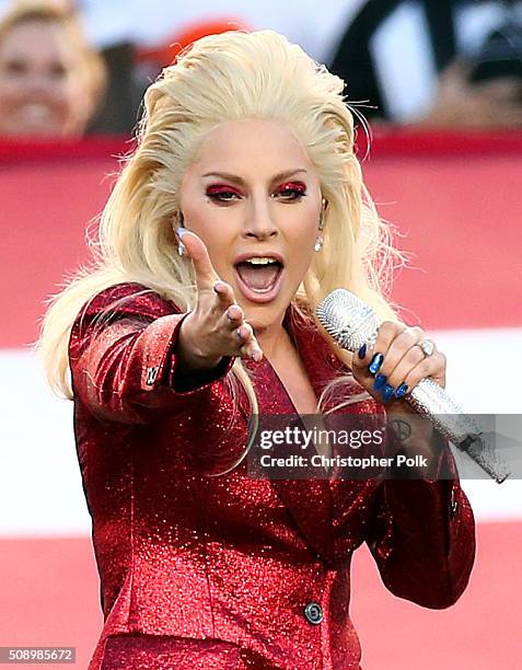 Lady Gaga sings the National Anthem at Super Bowl 50 at Levi's Stadium on February 7, 2016 in Santa Clara, California.