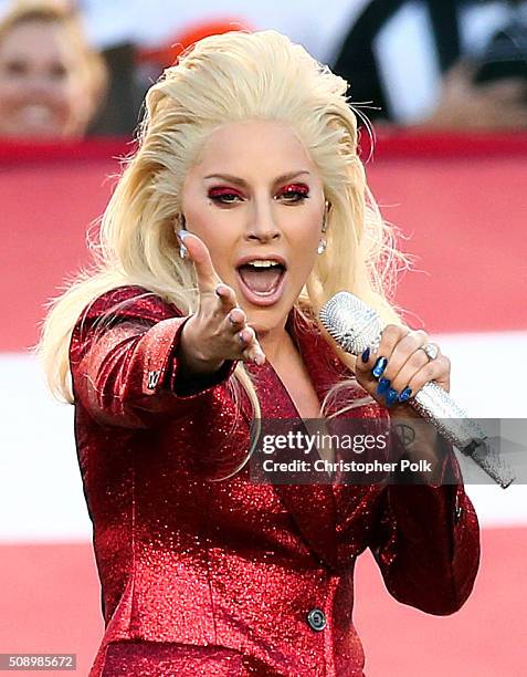 98 Lady Gaga Sings The National Anthem At Super Bowl 50 Photos and Premium  High Res Pictures - Getty Images