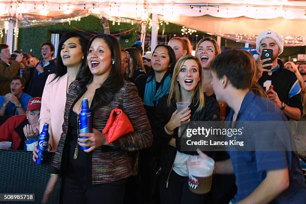 Fans of the Carolina Panthers cheer on their team against the Denver Broncos while watching Super Bowl 50 on February 7, 2016 at Rooftop 210 in the...