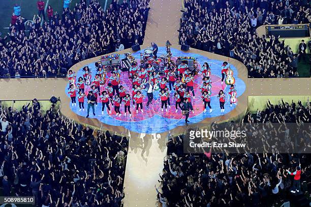 Coldplay performs during the Pepsi Super Bowl 50 Halftime Show at Levi's Stadium on February 7, 2016 in Santa Clara, California.